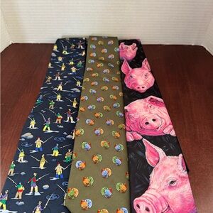 3 Men’s Novelty Tie Lot Neckwear Pig Turkey Fishing Animal Collectible Neckties
